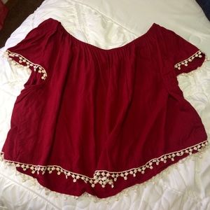Dark Red Off the Shoulder Top with Lace Trim